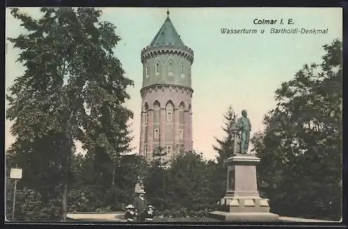 AK Colmar, Wasserturm und Bartholdi-Denkmal