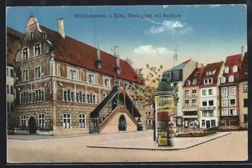 AK Mülhausen i. E., Marktplatz mit Rathaus, Litfasssäule