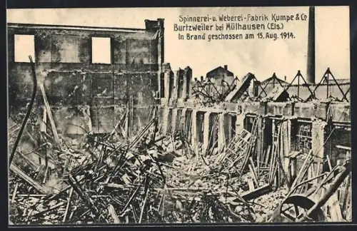 AK Burtzweiler /Mülhausen, Spinnerei-Weberei Kumpe & Co., Ruine 1914