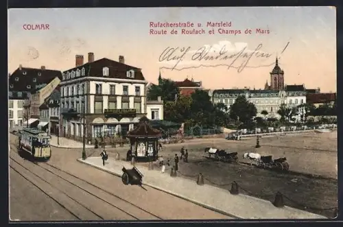 AK Colmar, Route de Roufach et Champs de Mars et Tramway, Strassenbahn