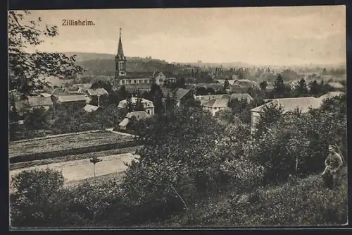 AK Zillisheim, Totalansicht aus der Vogelschau, mit Soldat