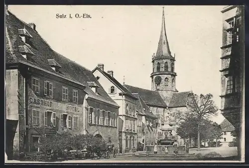 AK Sulz, Teilansicht an der Kirche mit Gasthof und Hotel