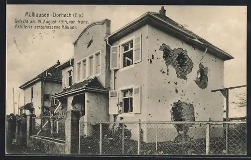 AK Mülhausen-Dornach, Gefecht 19. August 1914, von französischer Artillerie zerschossene Häuser
