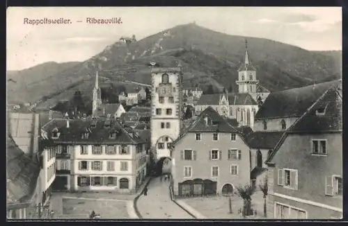 AK Rappoltsweiler, Teilansicht mit Torturm u. Burg aus der Vogelschau