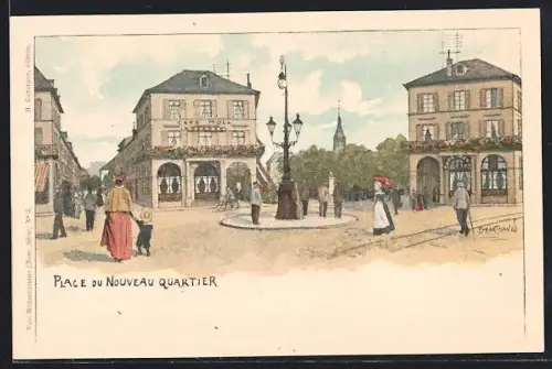 Künstler-AK Mulhouse, Place du Nouveau-Quartier