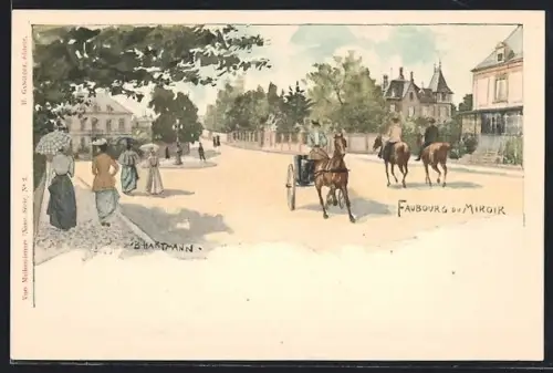 Künstler-AK Mülhausen, Faubourg du Miroir mit Kutsche und Reitern