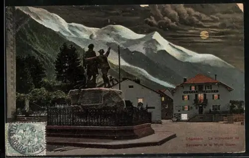 AK Chamonix, le monument de Saussure et le Mont-Blanc, l` hôtel de la poste