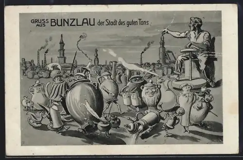 Künstler-AK Bunzlau, Tongefässe mit Gesichtern mit einem Töpfer