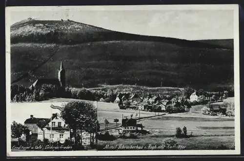 AK Mittel-Schreiberhau, Konditorei-Café Goldener Frieden und Ortsansicht