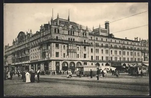 AK Moscou, Place de théatre, Hotel Metropole, Strassenbahn