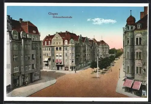 AK Glogau, Hohenzollernstrasse mit Geschäften