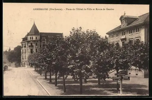 AK Annemasse, Place de l`Hôtel de-Ville et Route de Genève