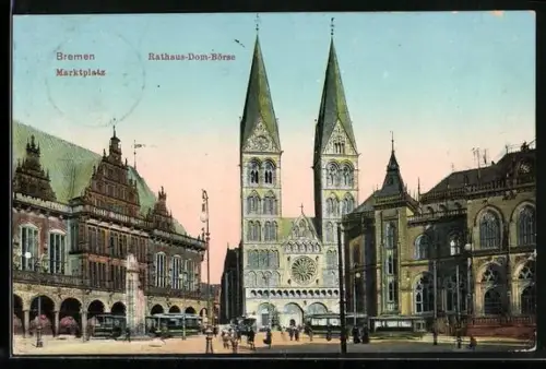 AK Bremen, Marktplatz mit Rathaus, Dom, Börse u. Strassenbahnen