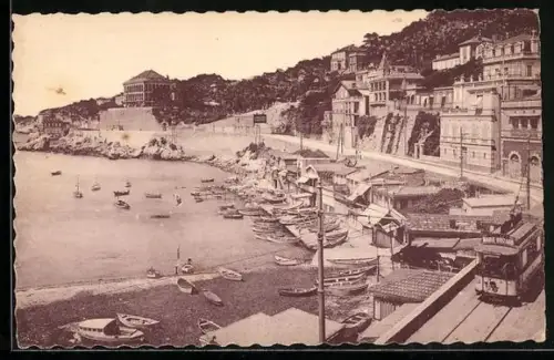 AK Marseille, La Corniche, Le Prophète avec tramway et bateaux