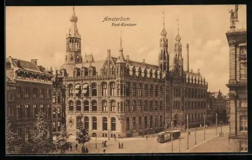 AK Amsterdam, Post-Kantoor, Strassenbahn