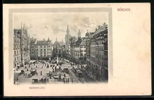 AK München, Marienplatz mit Strassenbahnen aus der Vogelschau