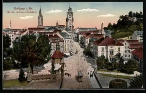 AK Freiburg i. Br., Partie an der Schwabentorbrücke mit Strassenbahn