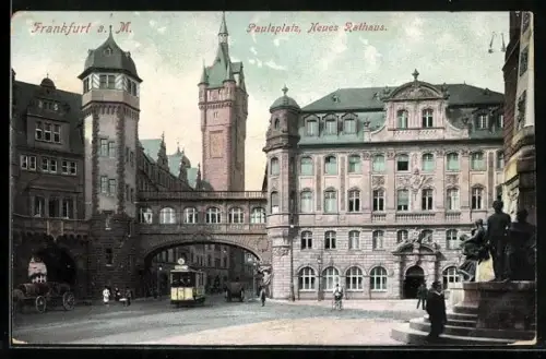 AK Frankfurt a. M., Paulsplatz, Neues Rathaus mit Strassenbahn
