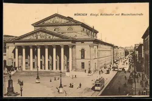 AK München, Hoftheater mit Maximilianstrasse und Strassenbahn aus der Vogelschau