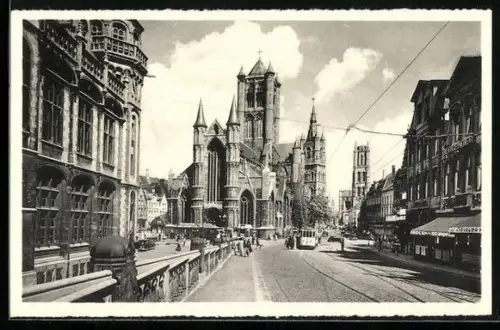 AK Gand, Eglise St-Nicolas et Beffroi, Strassenbahn
