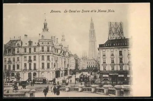 AK Anvers, Le Canal au Sucre et la Hansa Huis, Strassenbahn