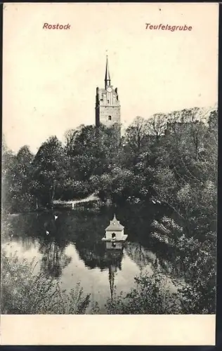 AK Rostock, Tuefelsgrube mit Kirchturm im Hintergrund