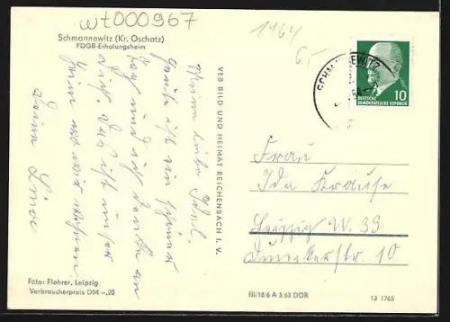 AK Schmannewitz /Oschatz, FDGB-Erholungsheim, Aussenansicht mit Gästen