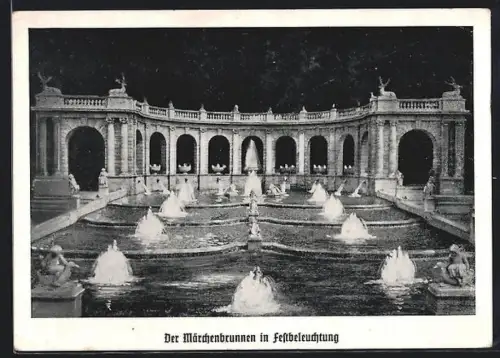AK Berlin-Friedrichshain, Der Märchenbrunnen in Festbeleuchtung, 25 Jahre Märchenbrunnen