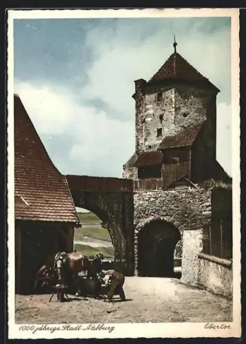 AK Nabburg, Szene mit Pferd am Obertor