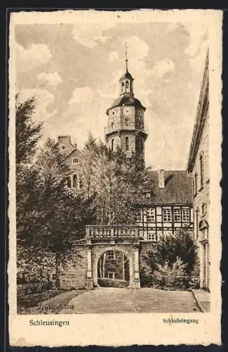 AK Schleusingen, Schlosseingang mit Grünanlagen und Umgebung