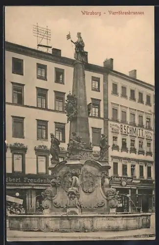 AK Würzburg, Vierröhrenbrunnen mit Geschäft B. Schmitt