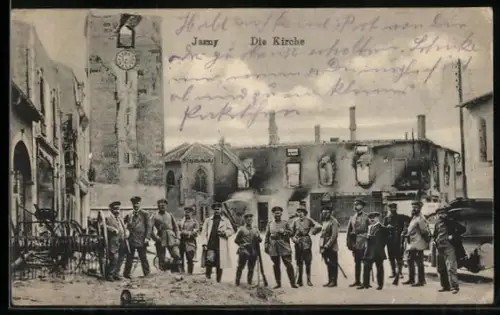 AK Jarny, Strassenpartie mit zerstörten Häusern, Soldaten, Um 1900