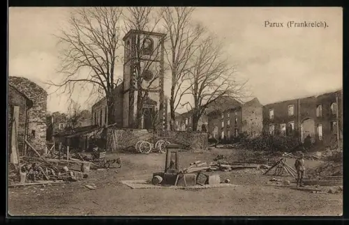 AK Parus, zerstörte Häuser in der Ortschaft