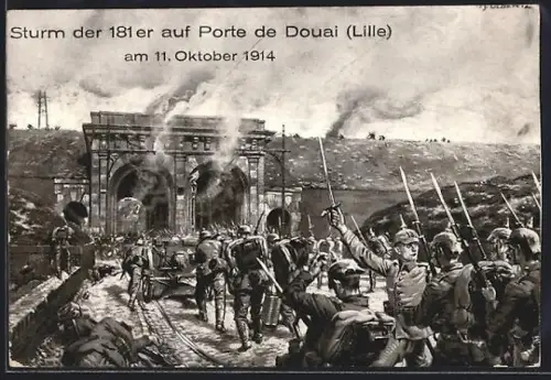 Künstler-AK Douai /Lille, Sturm der 181er auf Porte de Douai 1914