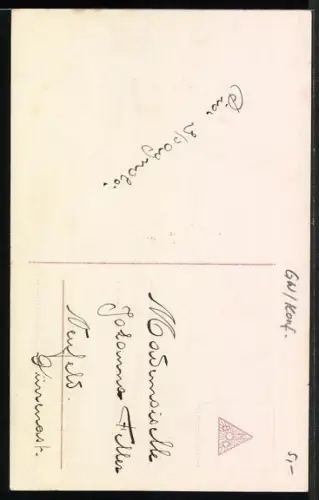 Foto-AK Amag Nr. 63082/6: Junge Frau im Kleid, Im Hintergrund Kirche, Glückwunsch zur Konfirmation