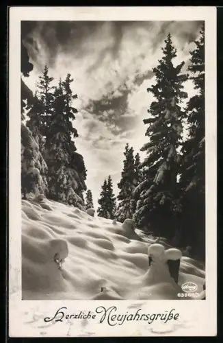 Foto-AK Amag Nr. 63868/3: Winterlandschaft mit Tannen, Neujahrsgruss