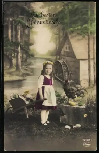 Foto-AK Amag Nr. 62153/1: Kleines Mädchen mit Huhn, Ostergruss