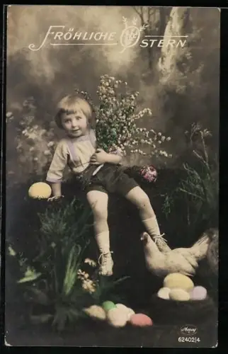 Foto-AK Amag Nr. 62402/4: Kleiner Junge mit Zweigen, Ostergruss