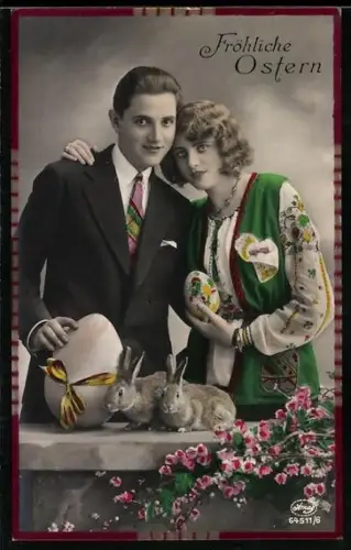 Foto-AK Amag Nr. 64511/6: Liebespaar mit Osterhasen, Ostergruss