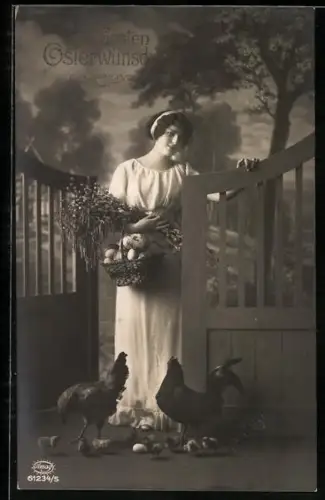 Foto-AK Amag Nr. 61234/5: Frau im Kleid mit Ostereiern, Ostergruss