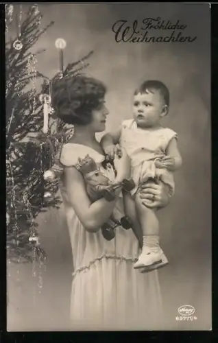 Foto-AK Amag Nr. 63771/4: Junge Frau mit Kleinkind, Weihnachtsgruss