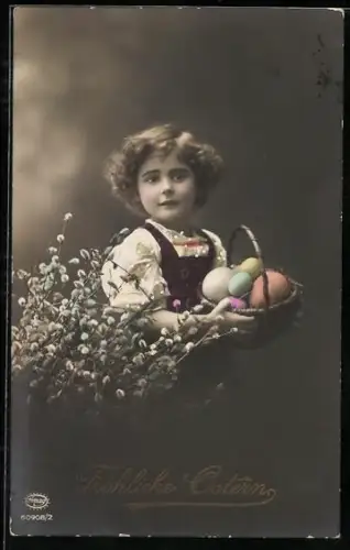 Foto-AK Amag Nr. 60908/2: Kind mit Ostereiern, Ostergruss