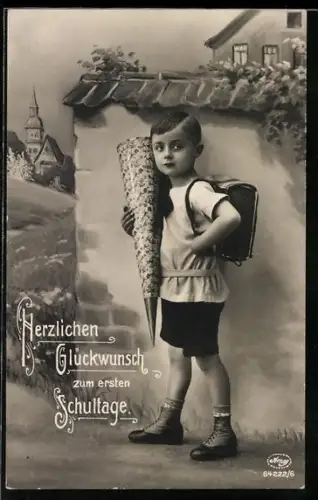 AK Glückwunsch zum ersten Schultage, Knabe mit Zuckertüte