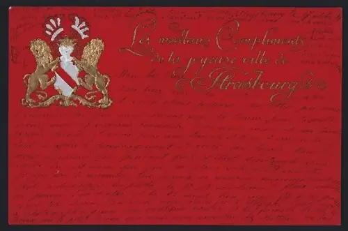 Lithographie Strasbourg, Zwei Löwen mit Wappen