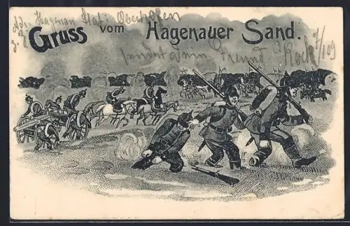 Lithographie Hagenau, Gruss vom Hagenauer Sand, Soldaten mit Gewehr und Pickelhaube versinken im Hagenauer Sand