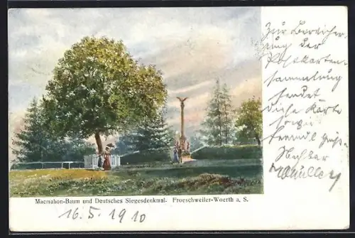 Künstler-AK Woerth a. S.-Froeschweiler, Macmahon-Baum und Deutsches Siegesdenkmal