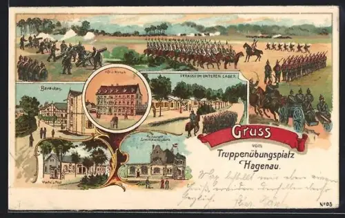 Künstler-AK Hagenau, Hotel Hirsch, Restaurant Zum Hohenzollern, Baracken