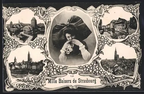 AK Strasbourg, verschiedene Ortspartien, Frau in Trachten, Jugendstilrahmen mit Blumen