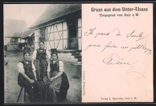 AK Sulz unterm Wald, Strassenpartie mit drei Frauen in Tracht