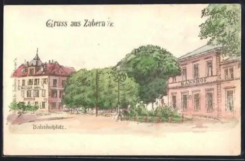 Künstler-AK Zabern i. E., Bahnhofplatz